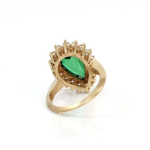 Solid 10K Yellow Gold Pear Cut Green Spinel Clear Round CZ Halo Cocktail Ring 6